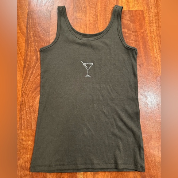 Handmade Y2K rhinestone bling Olive Green Tank Top with Martini Glass Design - Picture 1 of 3
